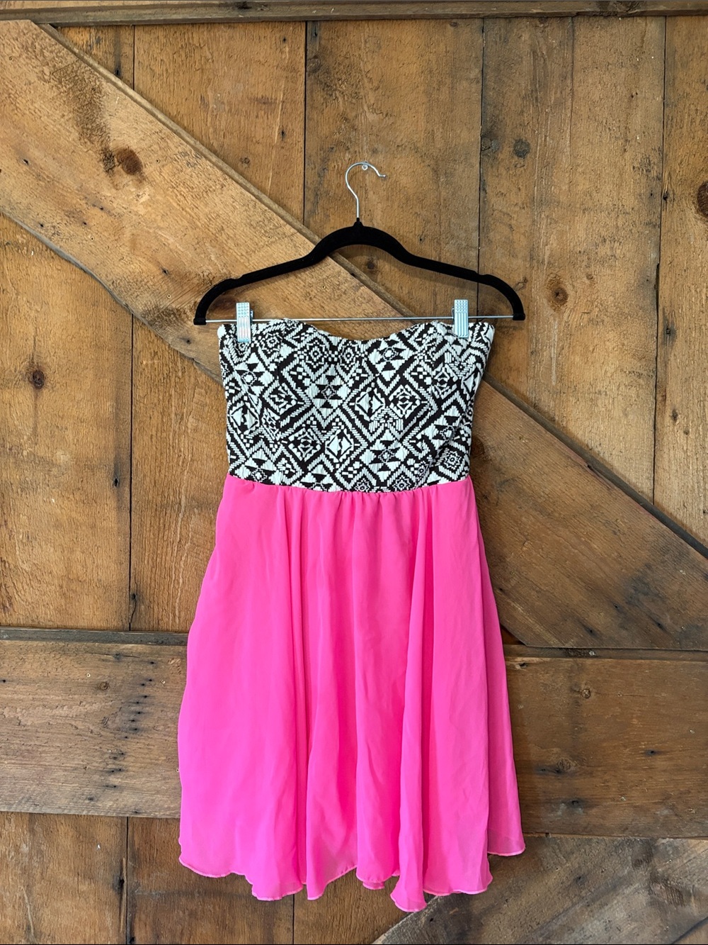 Windsor Black & White Aztec Bodice Pink Strapless Mini Dress